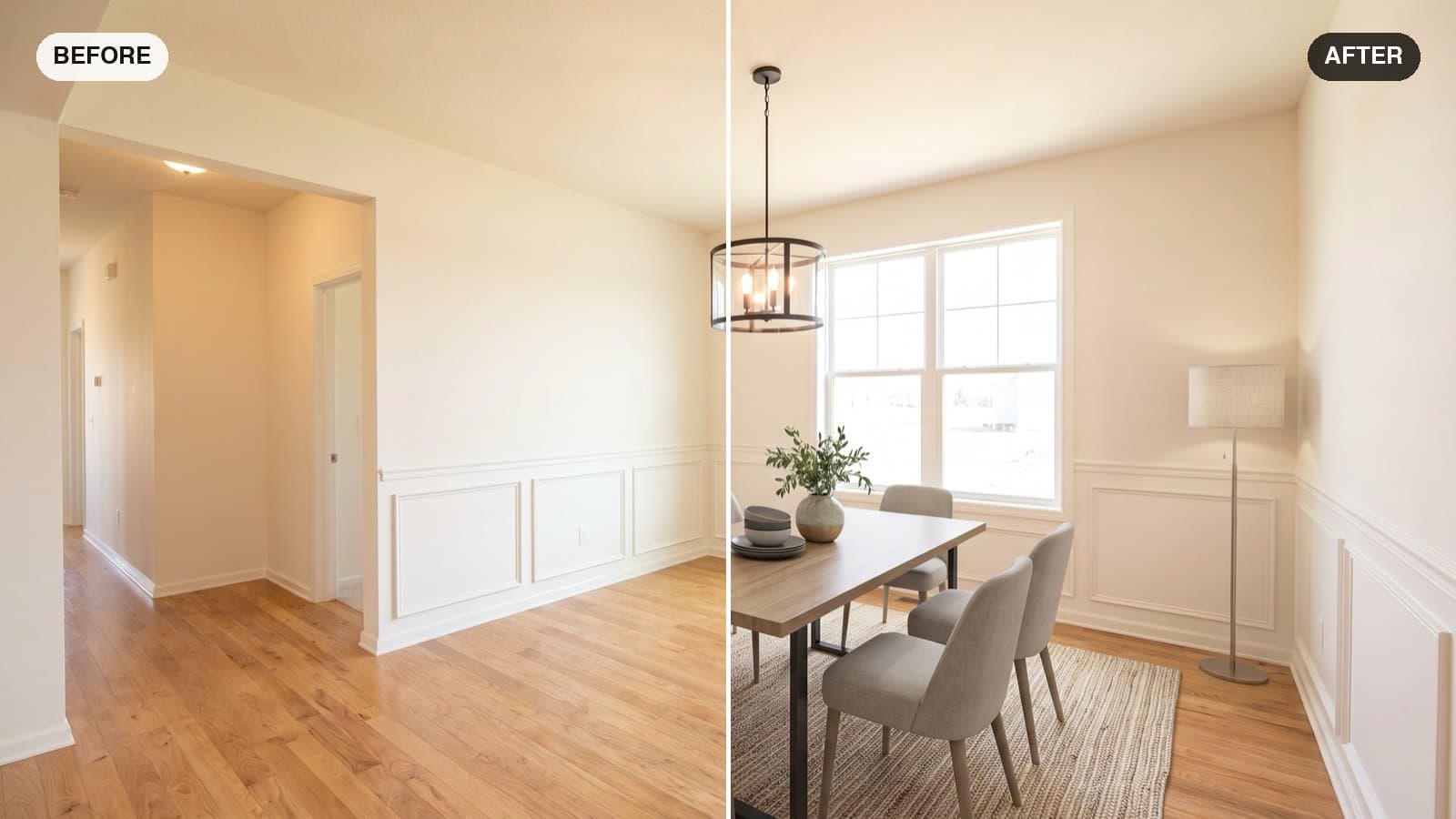 Split image of the same dining room: empty on the left, virtually staged with a dining table, chairs, and a rug on the right