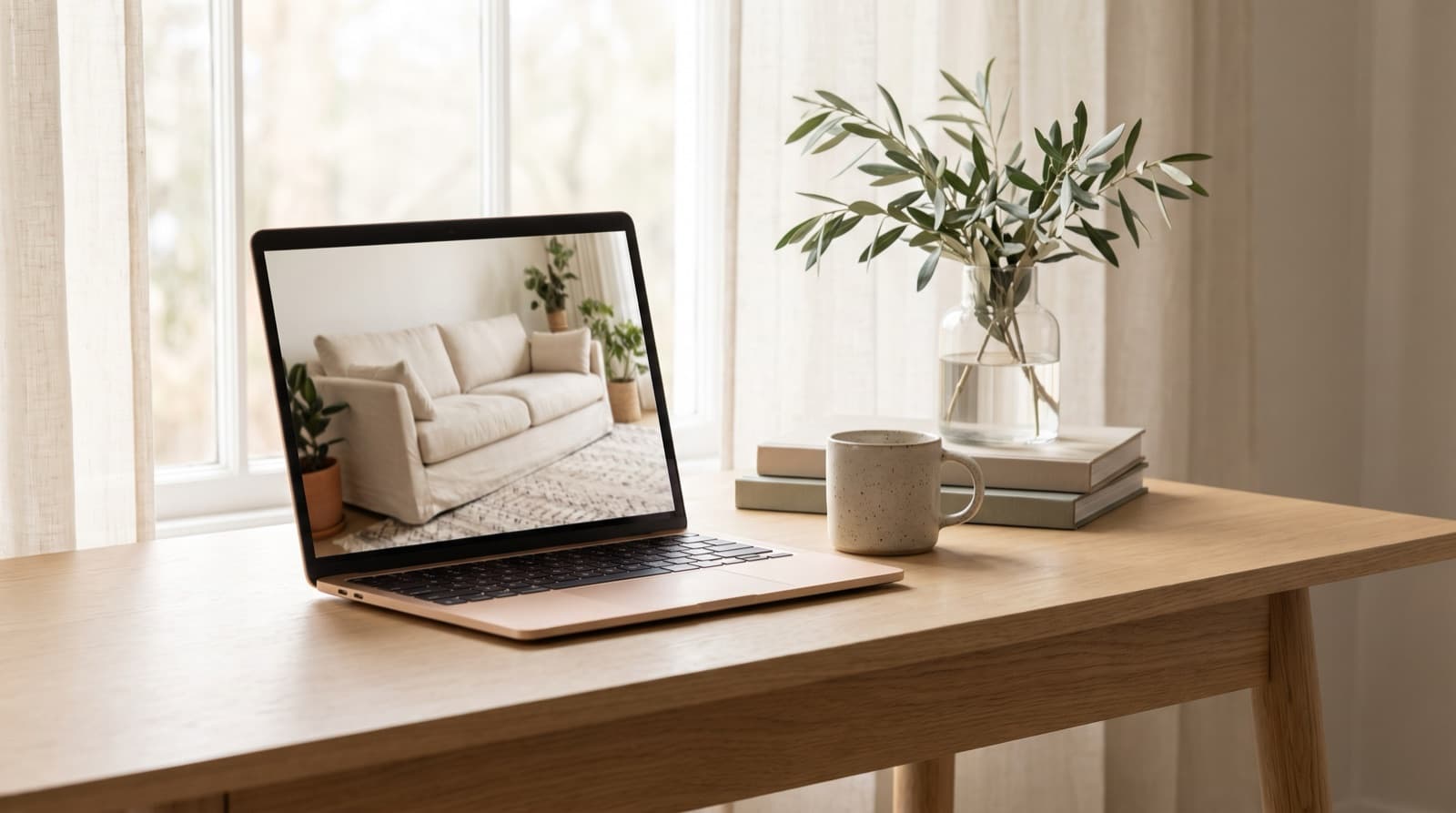 Laptop showing a staged living room on a sunlit desk