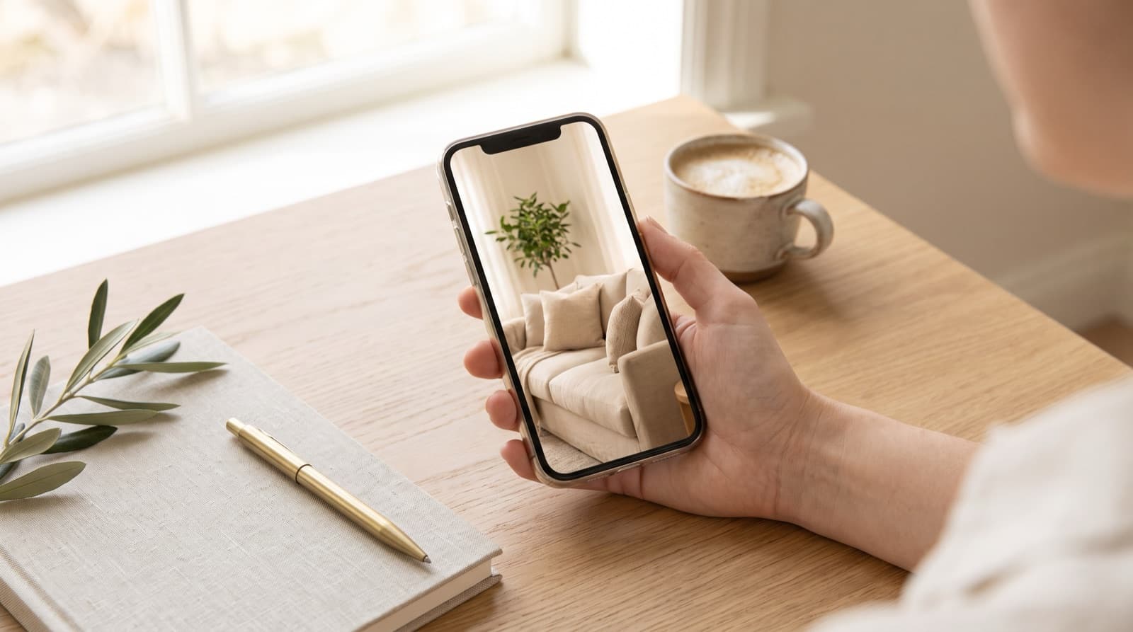 Phone showing a virtually staged living room photo on a desk