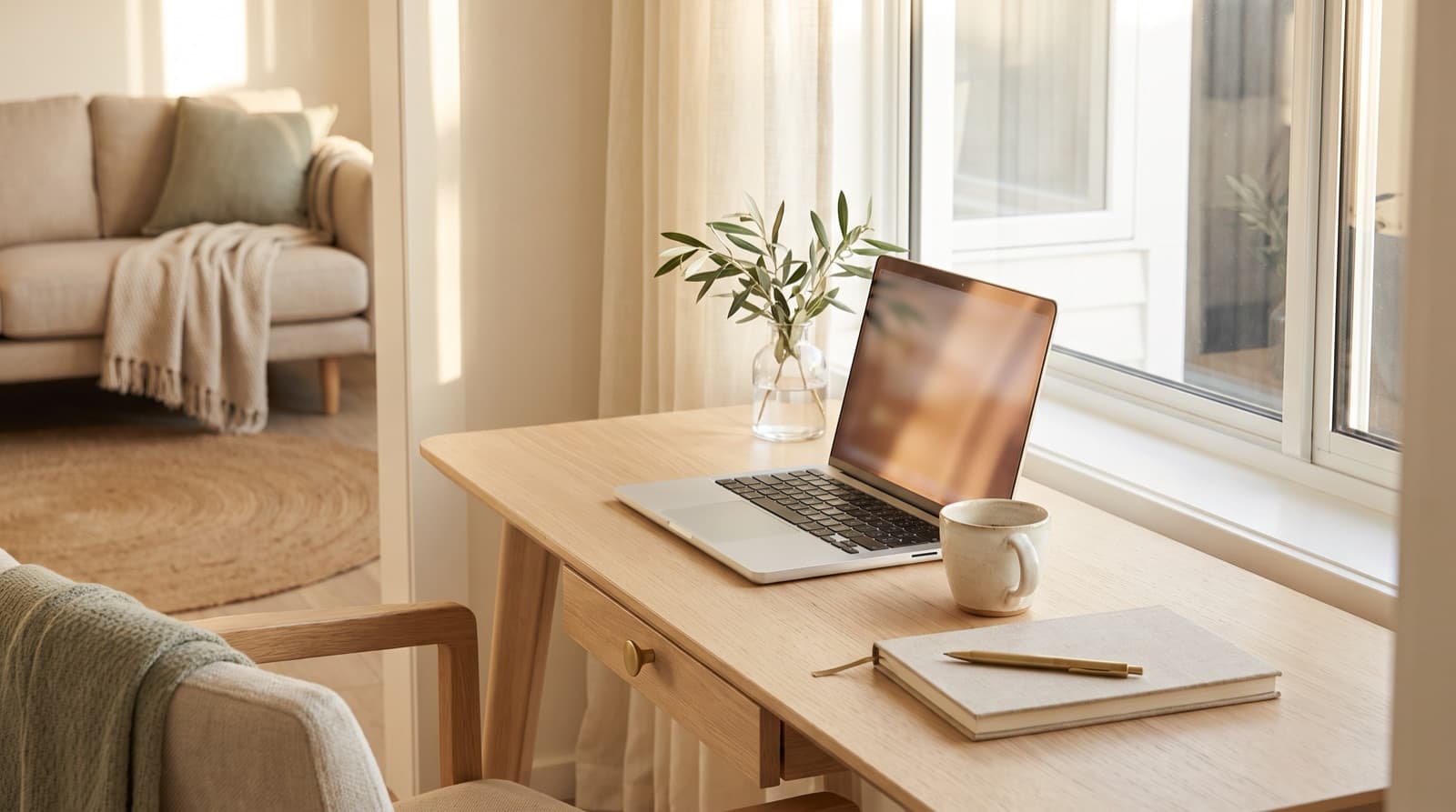 Sunlit home office desk with a laptop and notebook, ready for writing a listing description