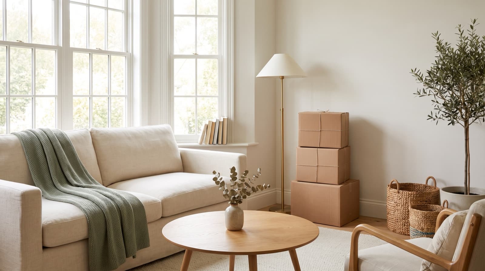 Tidy, lived-in living room with neatly stacked moving boxes, ready for listing photos