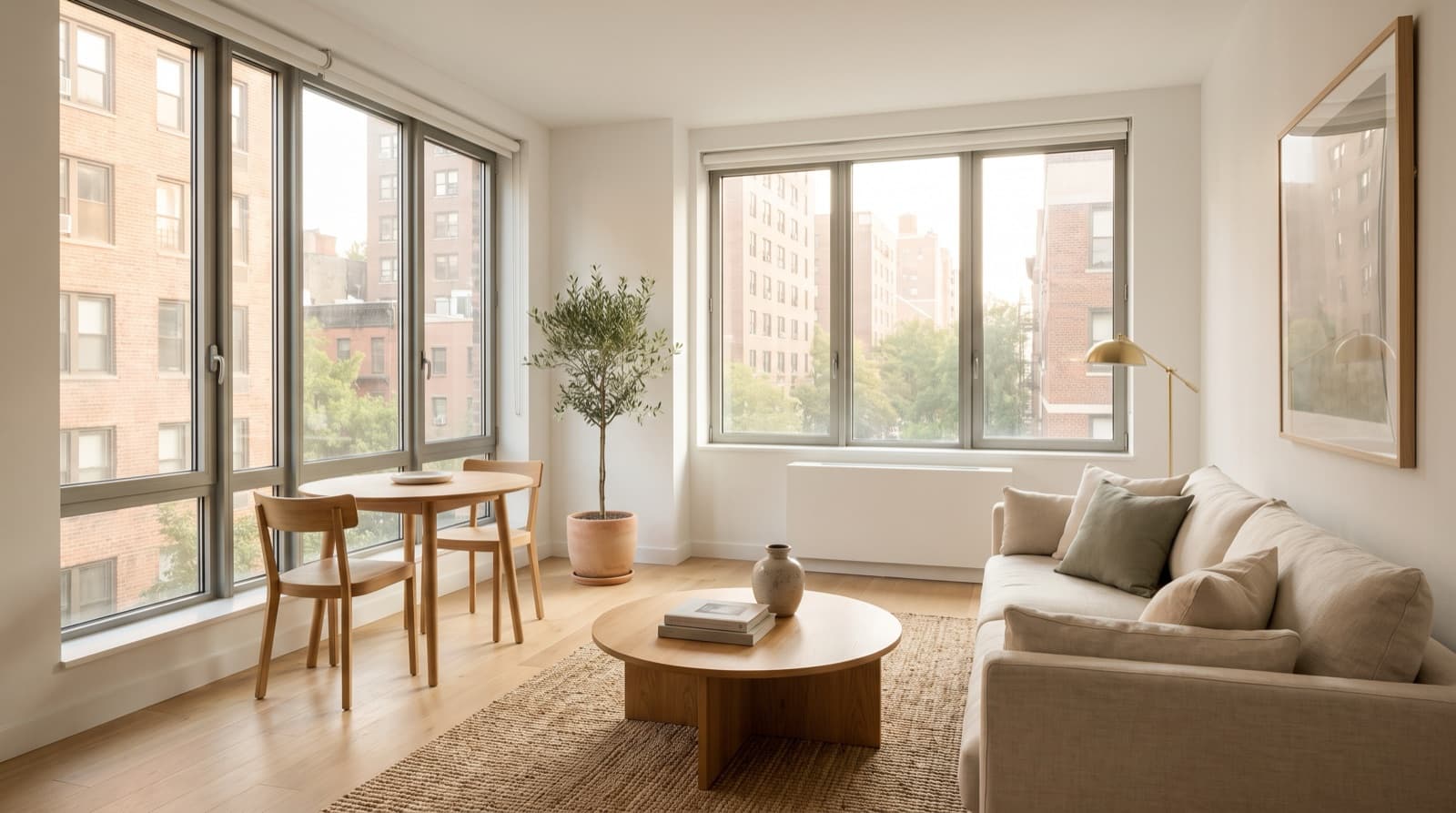 Bright, virtually staged apartment living room with a linen sofa and large windows