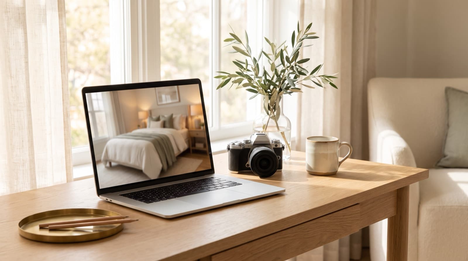 Laptop on a sunlit desk next to a camera, ready to virtually stage listing photos