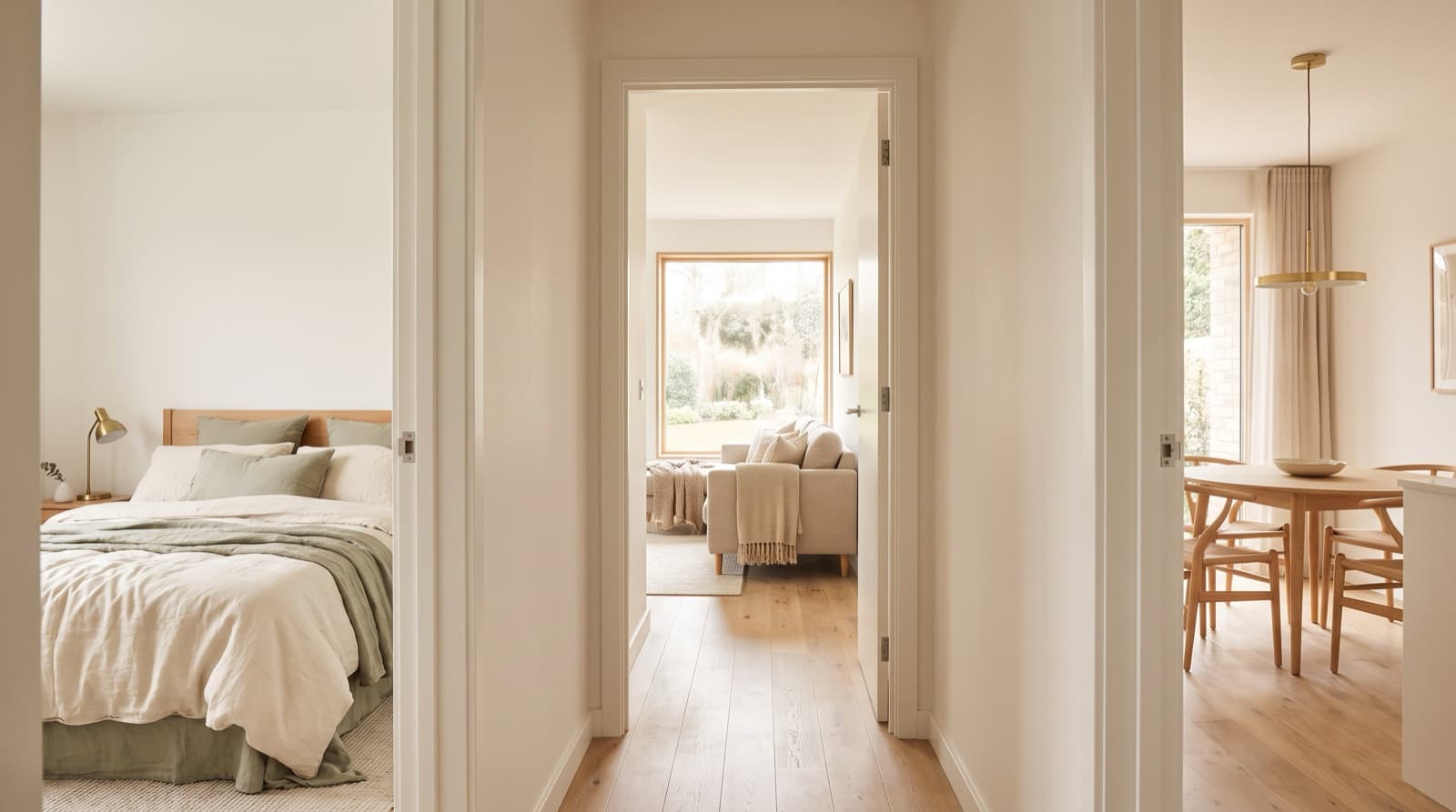 Hallway view into a staged bedroom, living room, and dining area