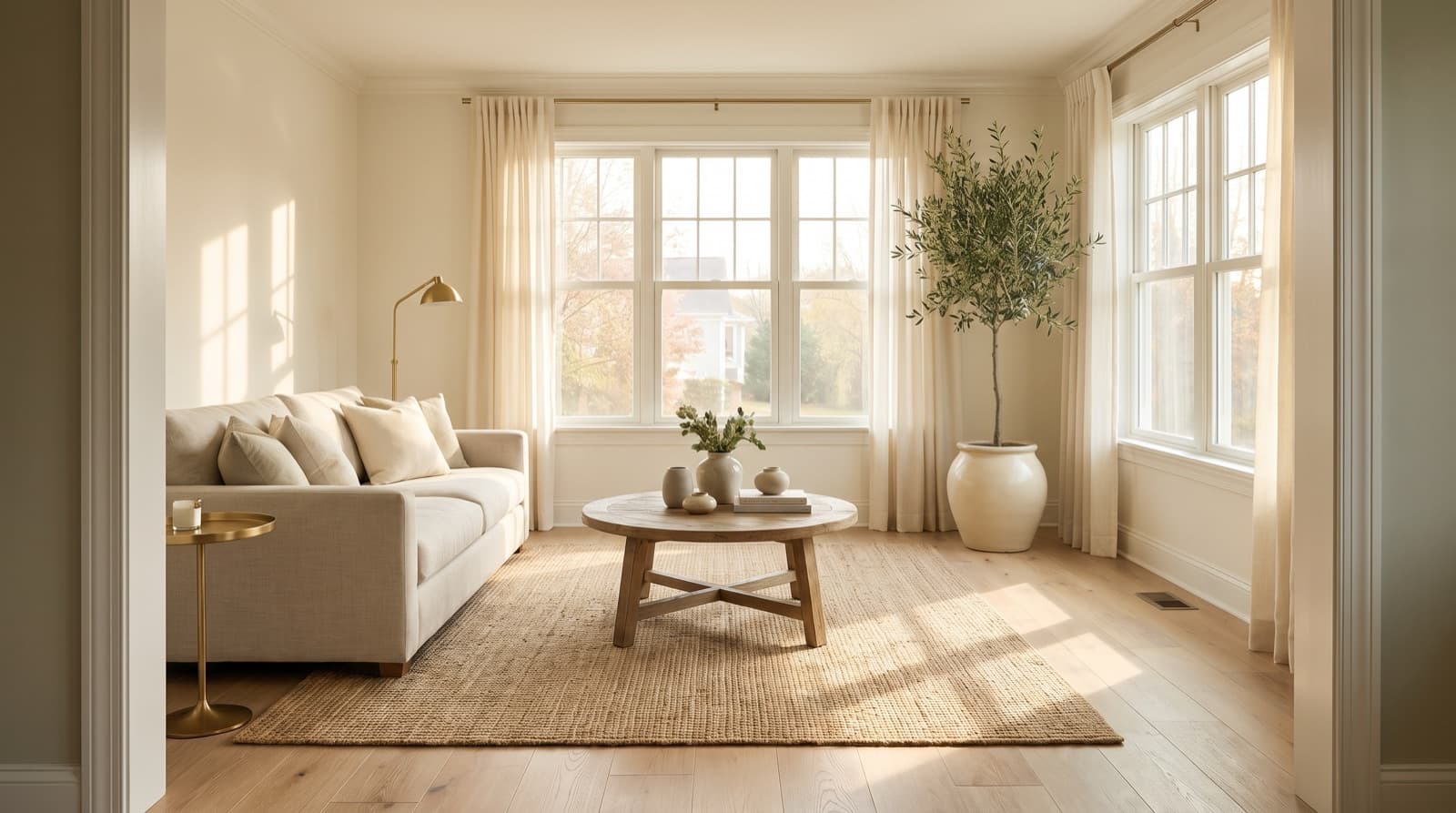 Sunlit living room in a vacant home, staged with a linen sofa, oak coffee table, and olive tree