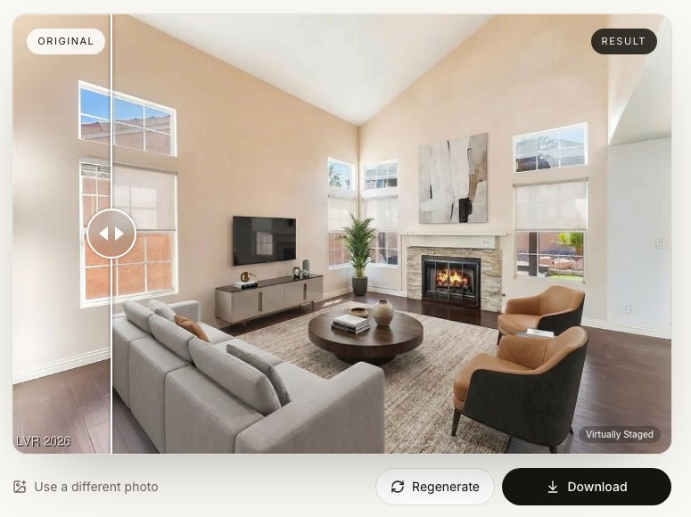 Staged living room result shown in a before and after slider with Regenerate and Download buttons