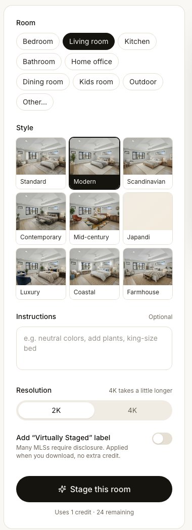 Settings panel showing room type chips, nine style tiles, instructions, resolution, and the Virtually Staged label switch