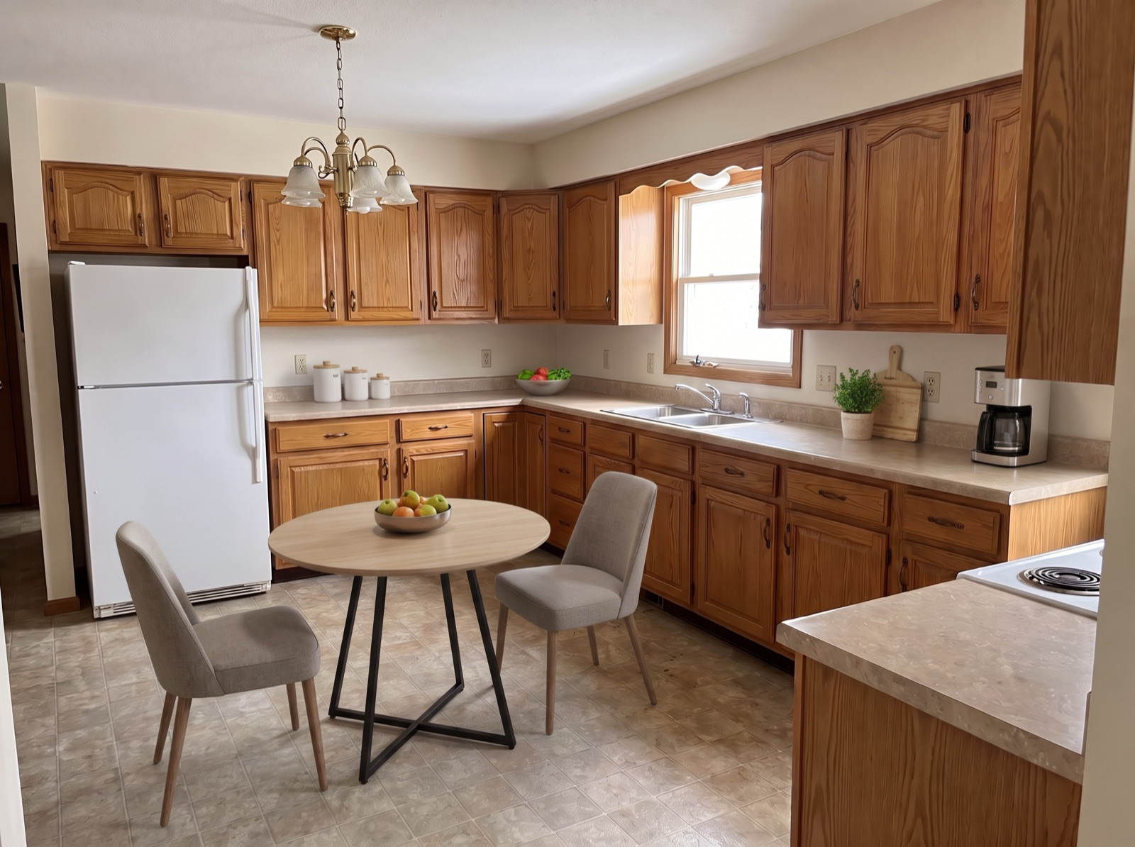 Same kitchen restaged with a small round dining table and two chairs